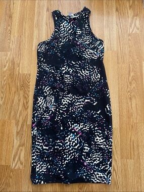 Sleeveless Black Animal Print Sheath Dress with Colorful Accents